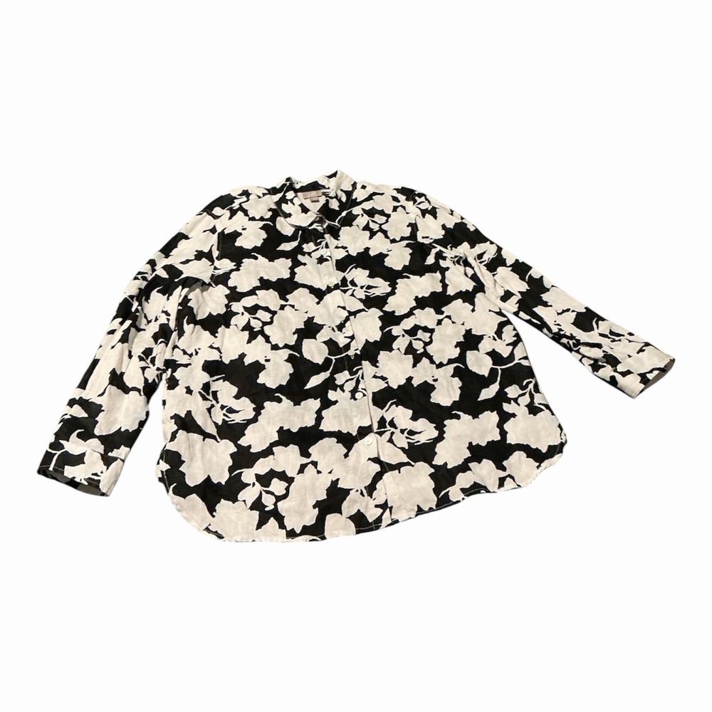 j jill 100% Linen Long Sleeve Black & White Floral Top Size Med Vacation Resort